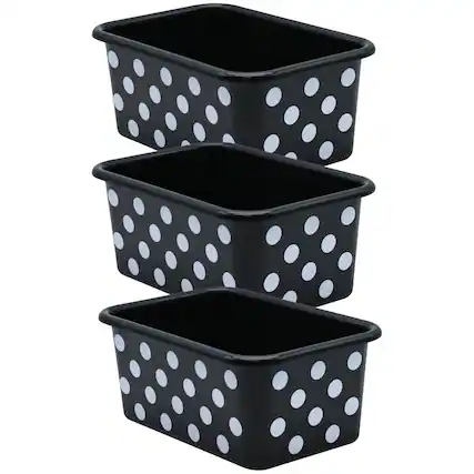 Front. Teacher Created Resources - Teacher Created Resources White Polka Dots on Black Small Plastic Storage Bin, Pack of 3.
