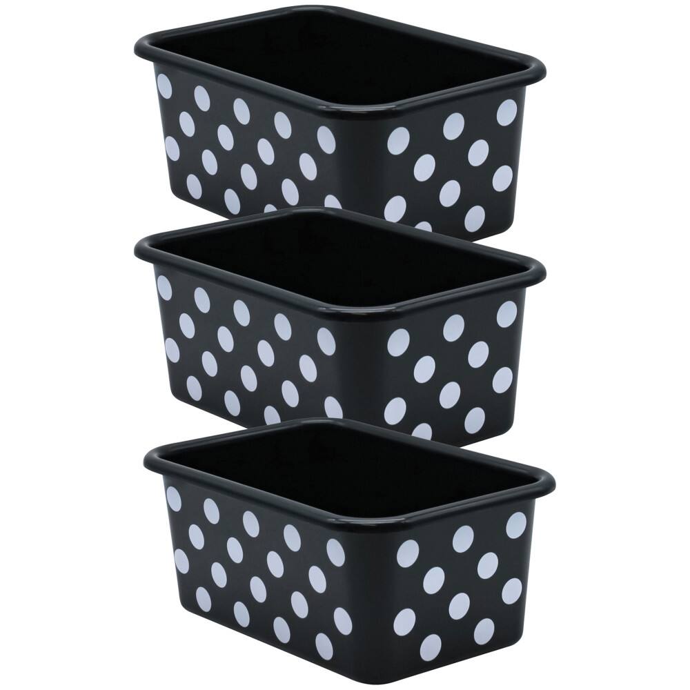 Front. Teacher Created Resources - Teacher Created Resources White Polka Dots on Black Small Plastic Storage Bin, Pack of 3.