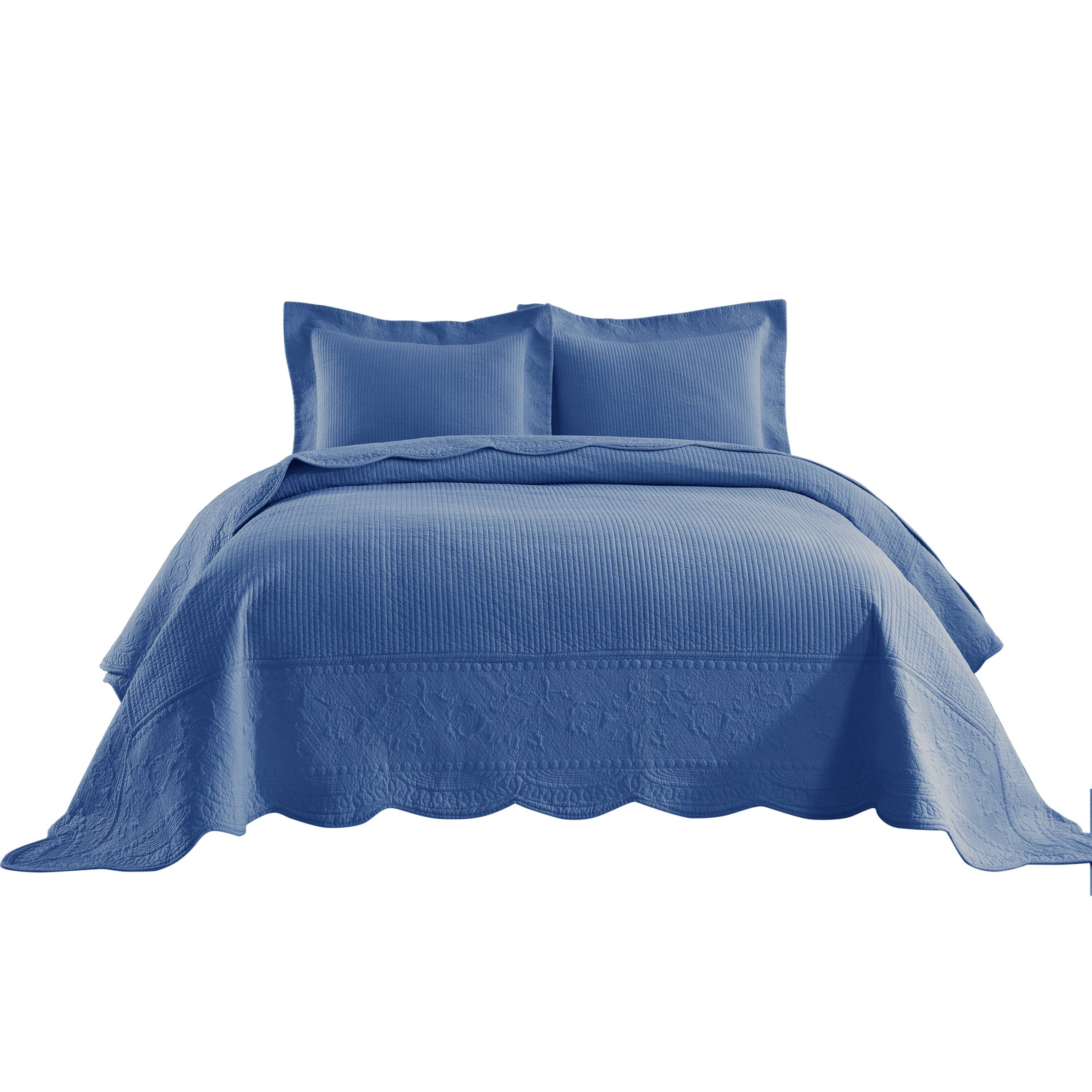 Front. MarCielo - Marcielo 3 Piece 100% Cotton Oversized Bedspread Lightweight Quilt Set - Blue.