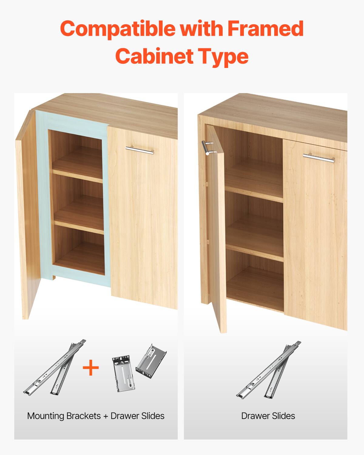 Compatible with Framed Cabinet Type  
+ Mounting Brackets + Drawer Slides  
Drawer Slides