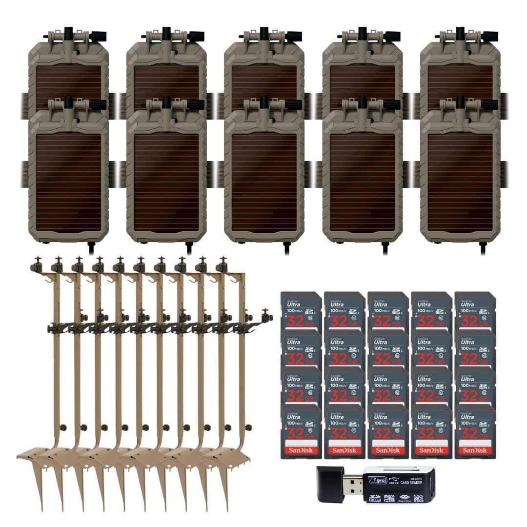 Stealth Cam - Mounting Post for Camera& Solar Pak with  12V Solar Battery Pack 32GB Memory Cards and Card Reader (10 Pack)