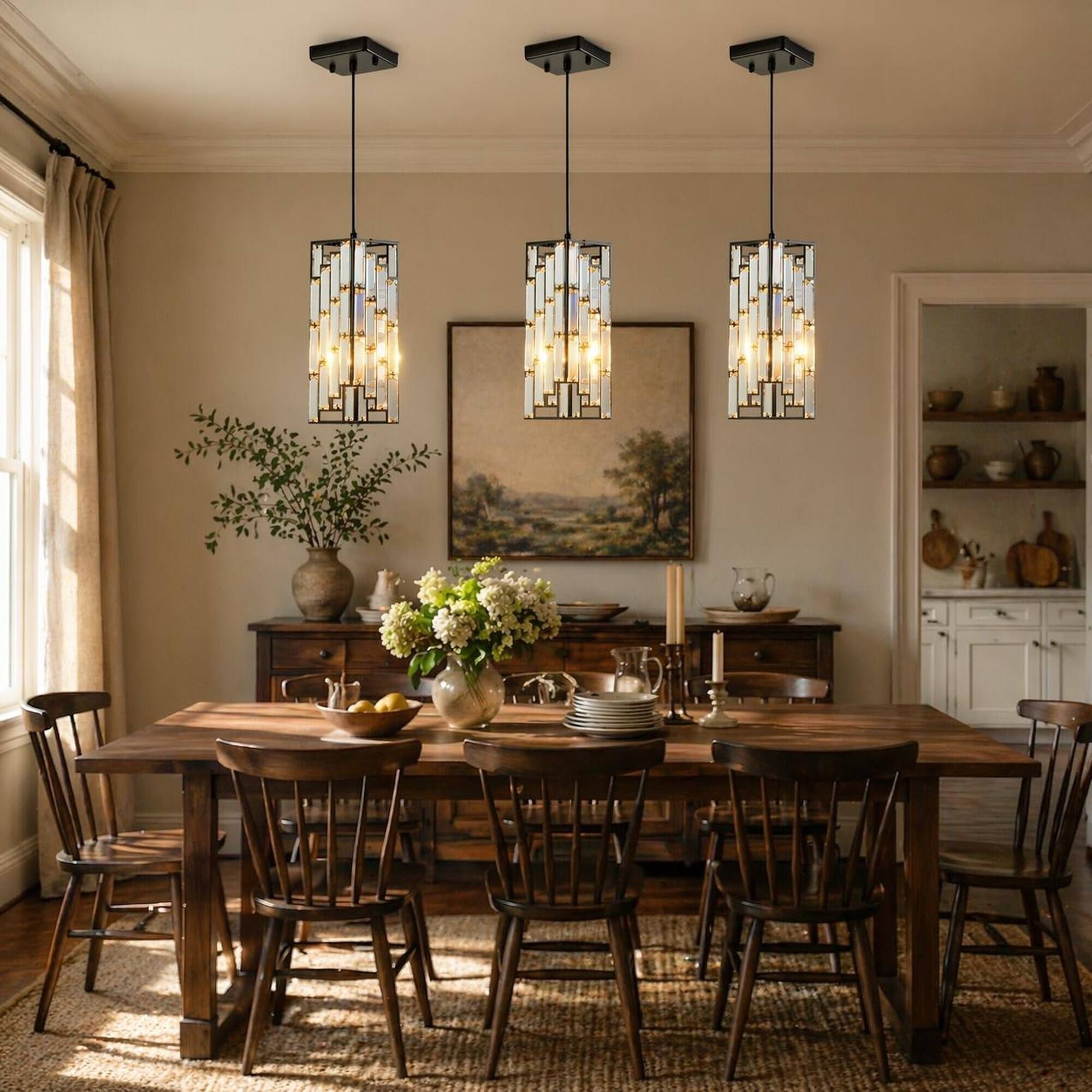 Back. RYHNUYNE - Modern Crystal Pendant Light 3-Pack, Adjustable Hanging Ceiling Lamp with Prism Shades, Black Finish for Dining Room.