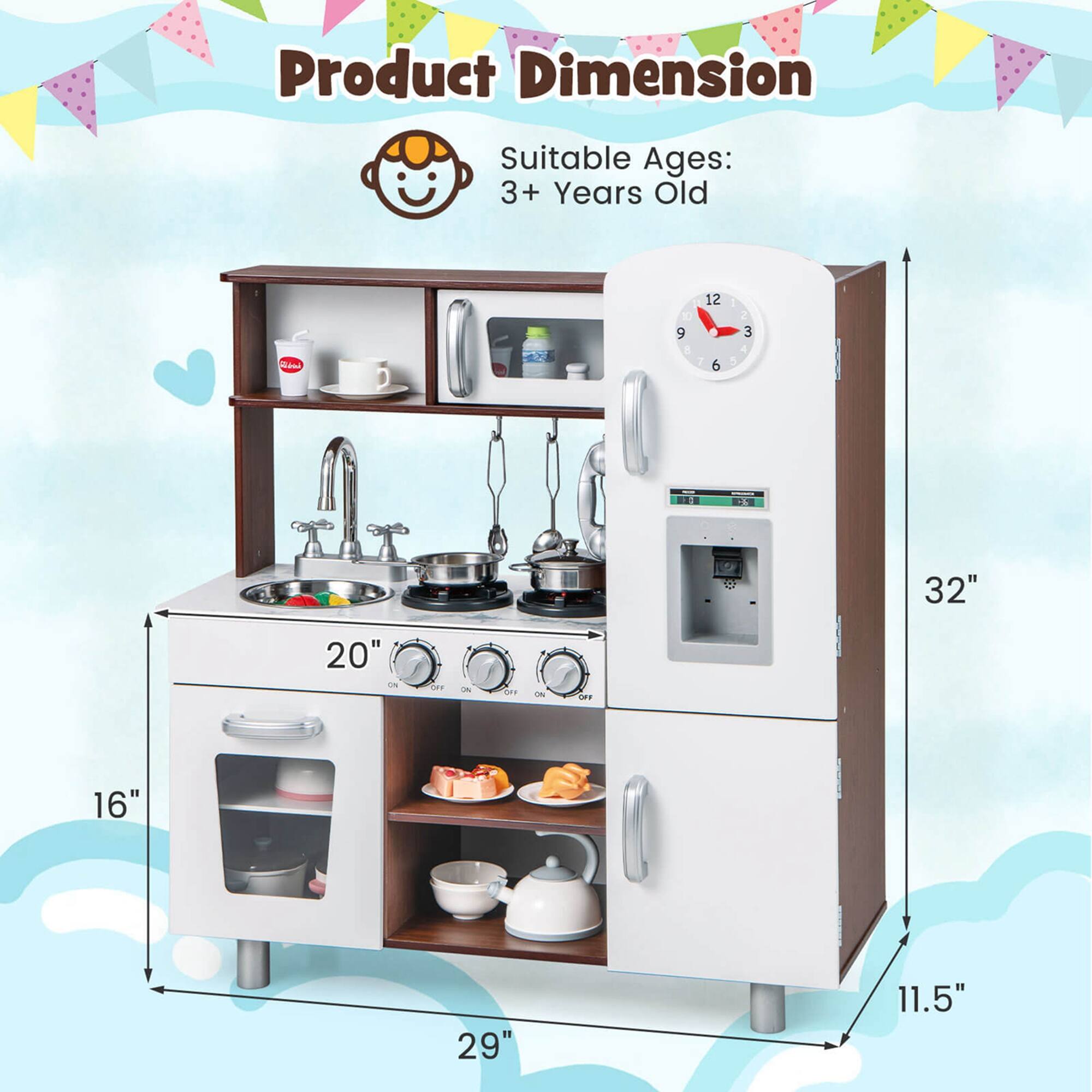 Product Dimension

Suitable Ages: 3+ Years Old

- Height: 32"
- Width: 29"
- Depth: 16"
- Shelf Height: 11.5"