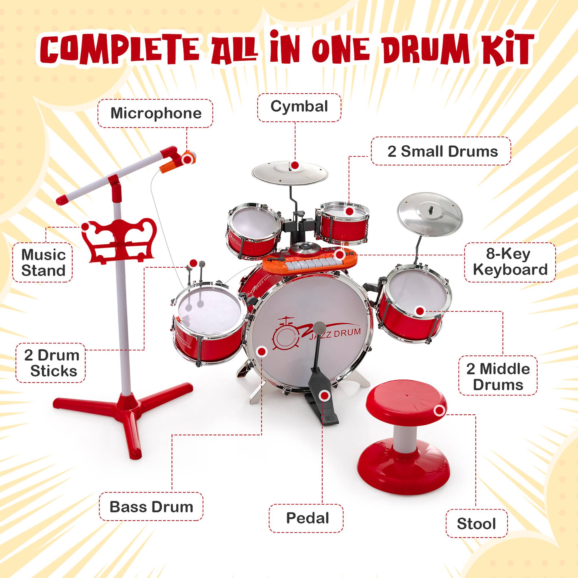 COMPLETE ALL IN ONE DRUM KIT

- Microphone
- Cymbal
- 2 Small Drums
- 8-Key Keyboard
- 2 Drum Sticks
- 2 Middle Drums
- Bass Drum
- Pedal
- Stool
- Music Stand