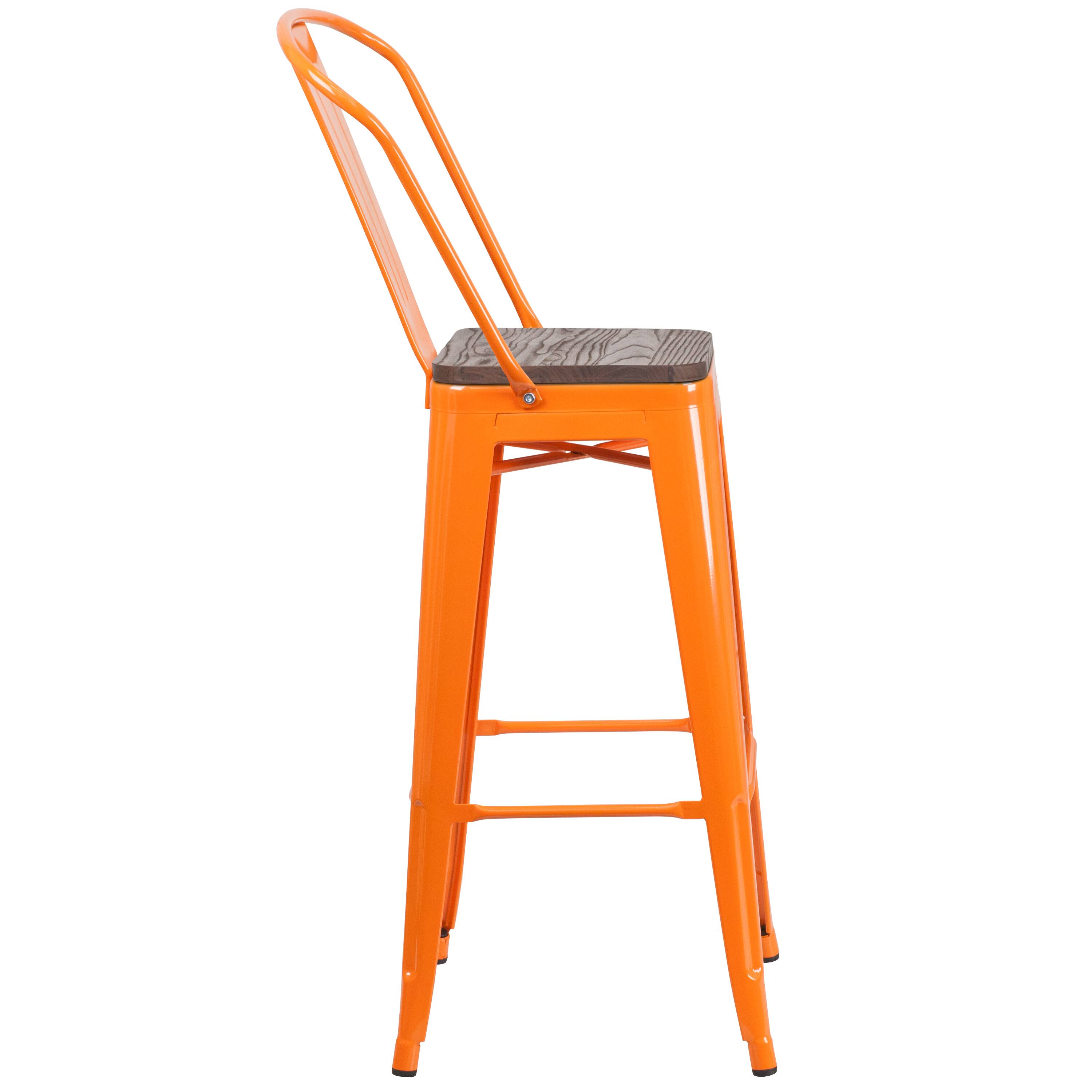 Alt View 4. Emma + Oliver - 30"H Metal Dining Barstool with Back and Square Wood Seat - Orange.
