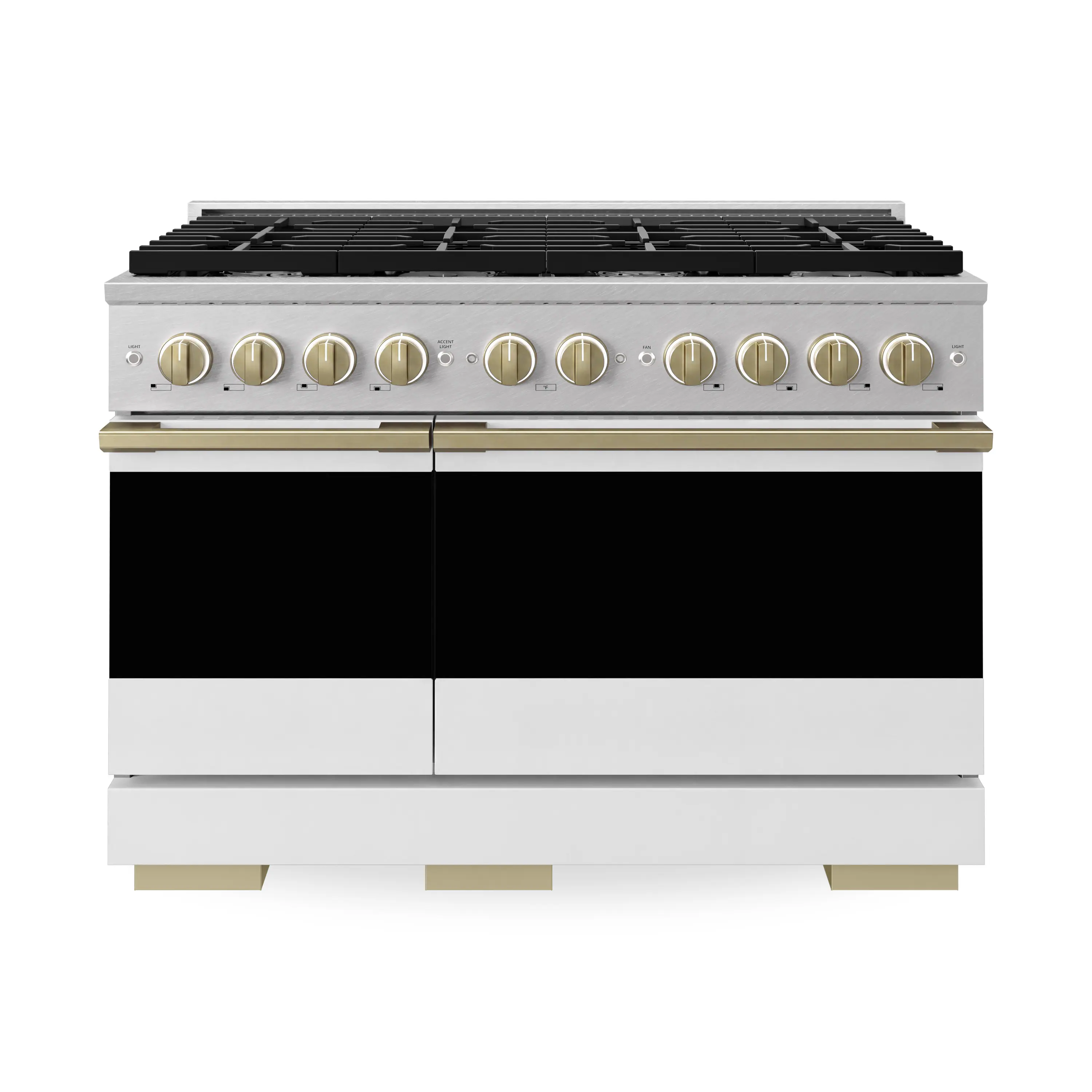 Front. ZLINE - Autograph 48 in. 6.7 cu. ft. Marino Freestanding Double Oven Gas Range with 8 Burners White Doors and Bronze Accents - Satin Stainless Steel.