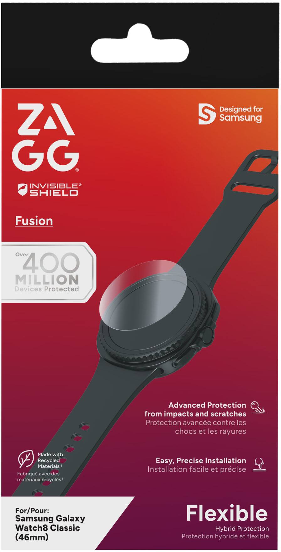 **ZA GG INVISIBLE SHIELD**

**Fusion**

- Designed for Samsung
- Over 400 MILLION Devices Protected
- Advanced Protection from impacts and scratches
- Made with Recycled Materials
- Easy, Precise Installation
- For/Pour: Samsung Galaxy Watch8 Classic (46mm)
- Flexible Hybrid Protection

**Protection avancée contre les chocs et les rayures**
**Fabriqué avec des matériaux recyclés**
**Installation facile et précise**
**Protection hybride et flexible**