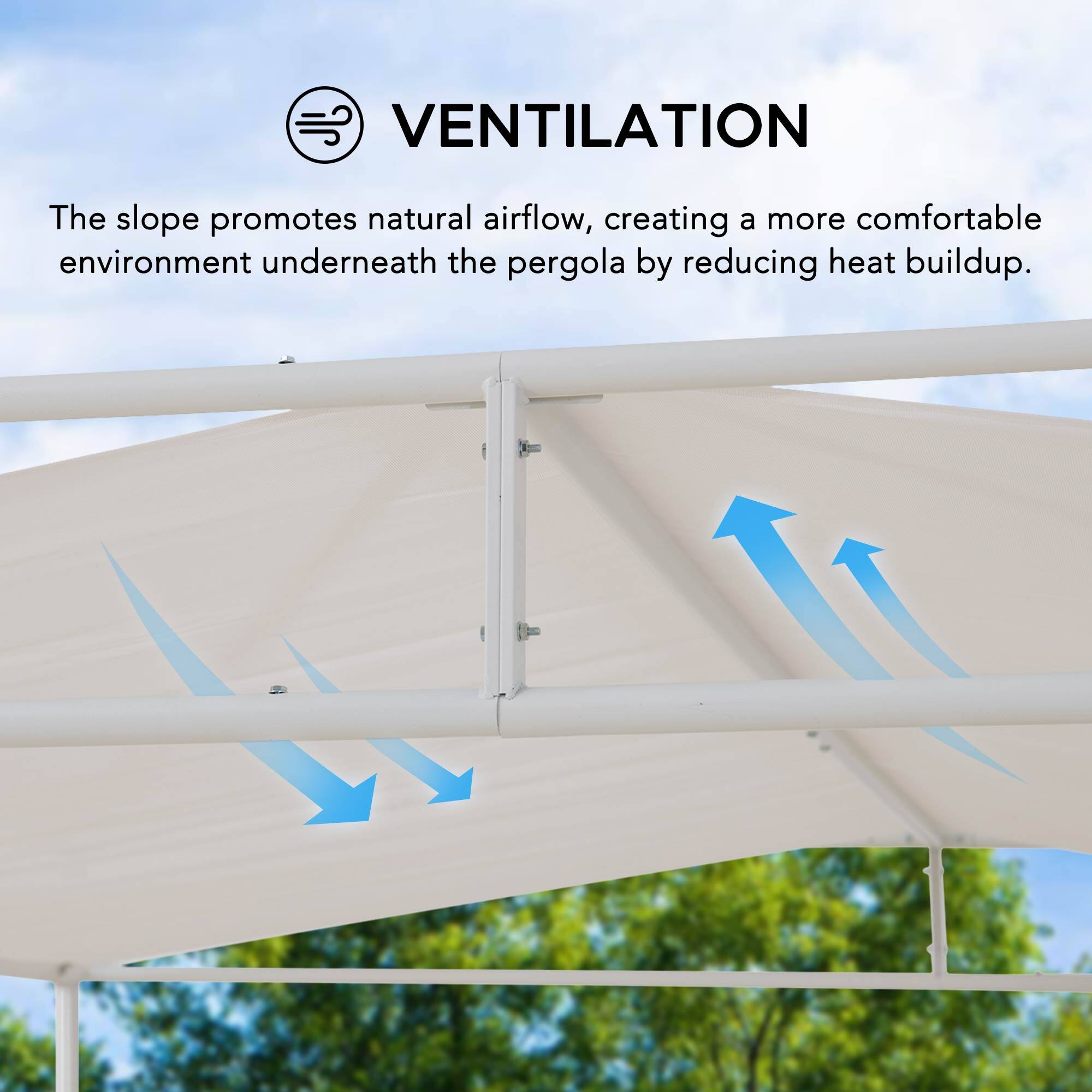 VENTILATION

The slope promotes natural airflow, creating a more comfortable environment underneath the pergola by reducing heat buildup.