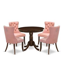 East West Furniture - 5 Piece Dinette Set Consists of a Round Dining Table with Pedestal - Brown