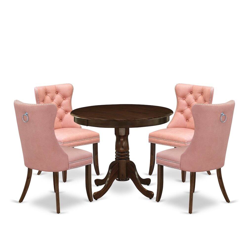 Front. East West Furniture - 5 Piece Dinette Set Consists of a Round Dining Table with Pedestal - Brown.