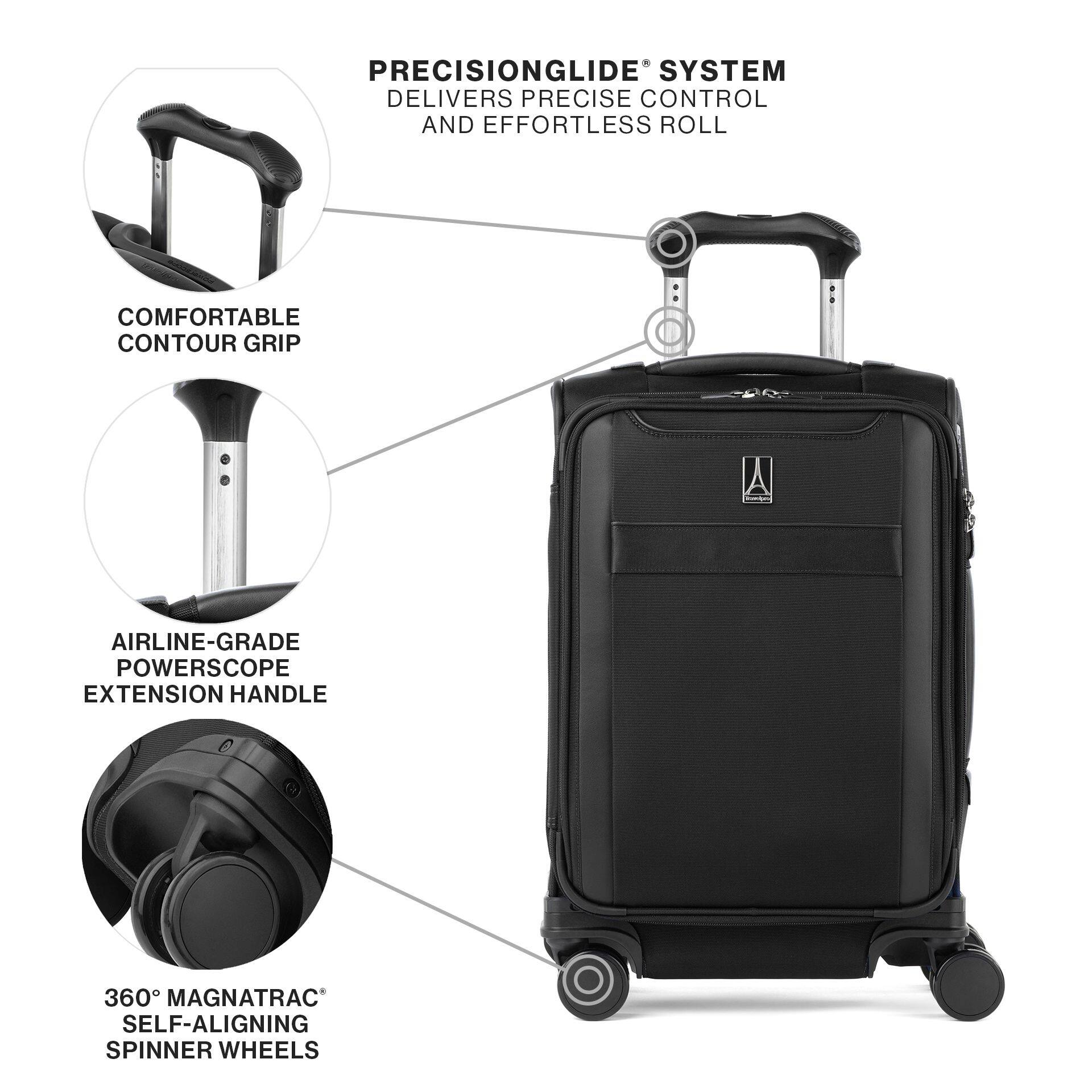 PRECISIONGLIDE SYSTEM DELIVERS PRECISE CONTROL AND EFFORTLESS ROLL  
COMFORTABLE CONTOUR GRIP  
AIRLINE-GRADE POWERSCOPE EXTENSION HANDLE  
360° MAGNATRAC SELF-ALIGNING SPINNER WHEELS