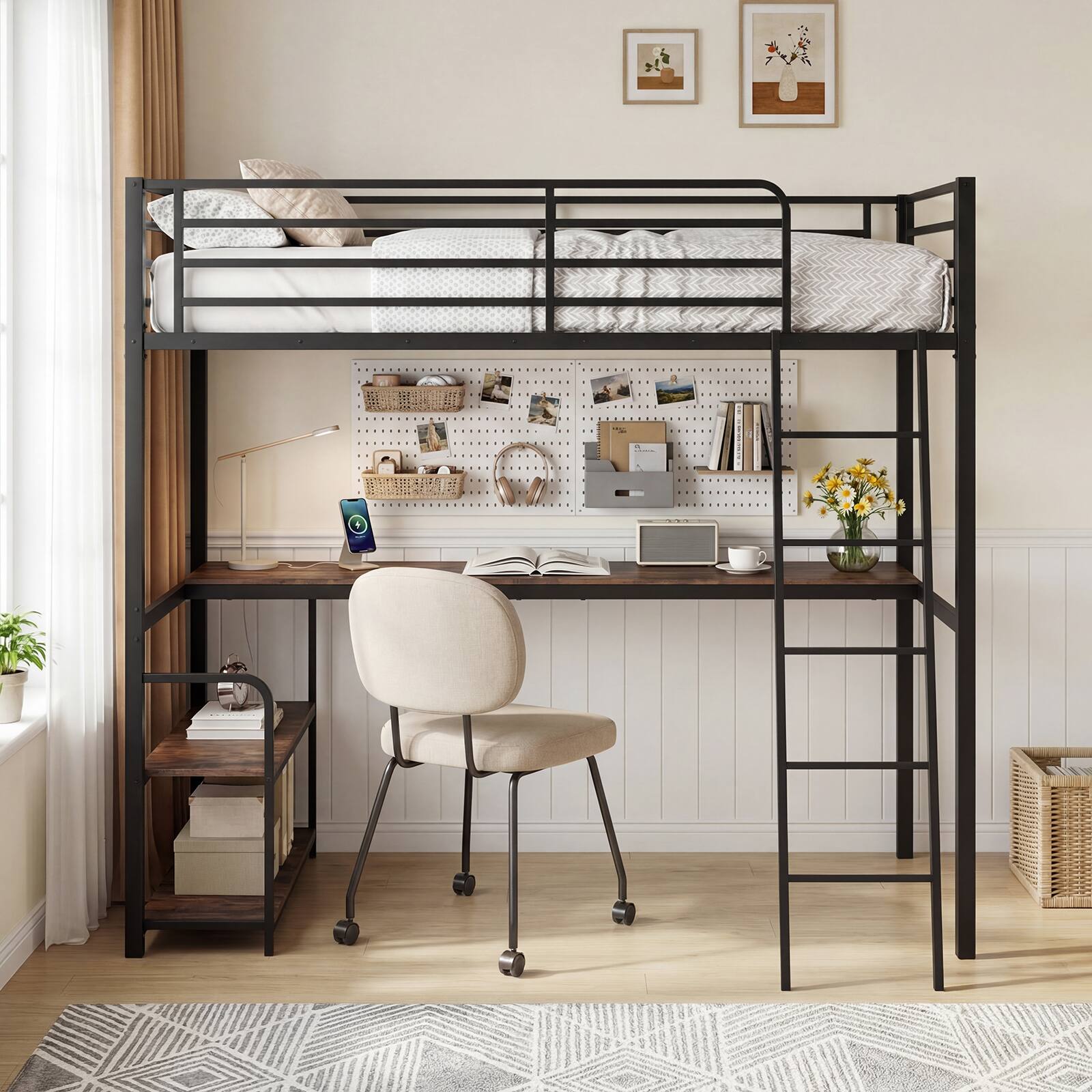 Alt View 3. Costway - Costway Twin Loft Bed with Desk & Shelves, Heavy Duty Bed Frame with Charging Station - Rustic Brown & Black.