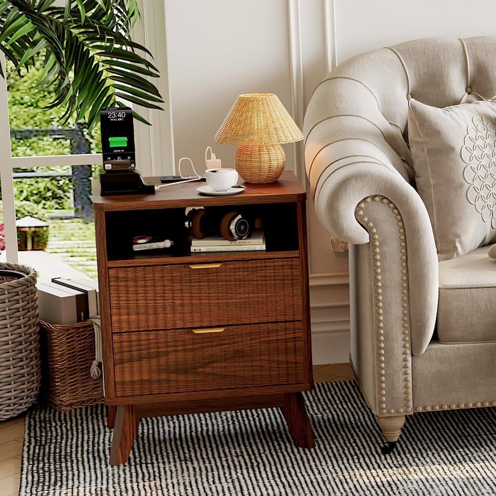 Alt View 5. Acekool - Fluted Nightstand  Set of 2 with Charging Station, 15" Mid Century Modern Bedside Table with 2 Drawer - Brown.