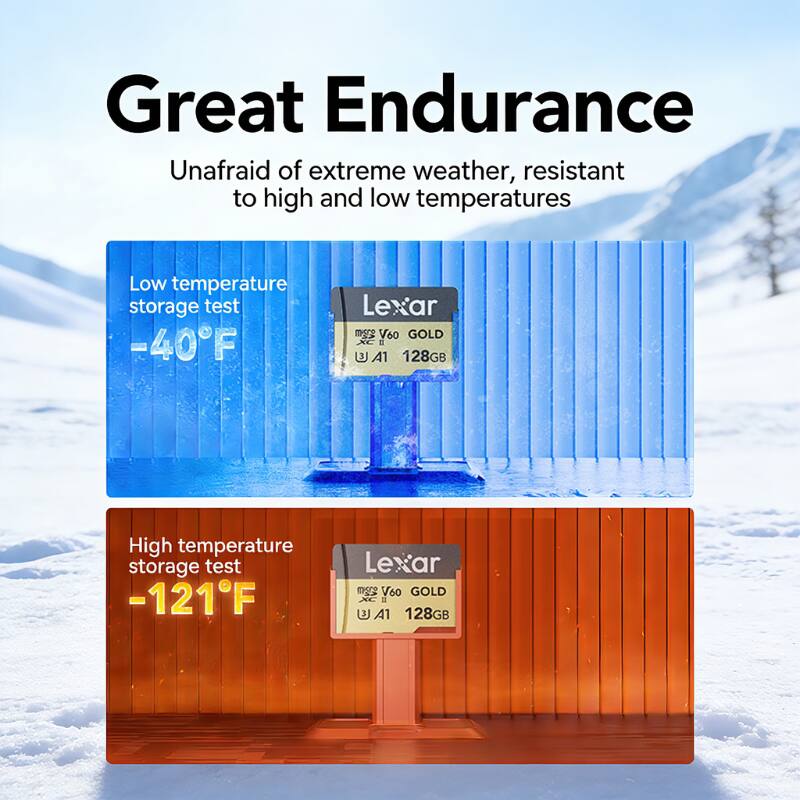 Great Endurance  
Unafraid of extreme weather, resistant to high and low temperatures  

Low temperature storage test -40°F  
Lexar msre V60 GOLD XC 3 UJ A1 128GB  

High temperature storage test -121°F  
Lexar DER V60 GOLD NC a U A1 128GB