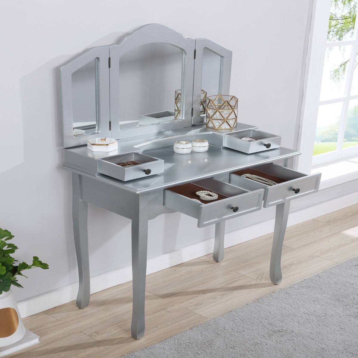Back. Loheer - Loheer Silver Wooden Vanity Set with Stool and Three Panel Beveled Mirror - Silver.