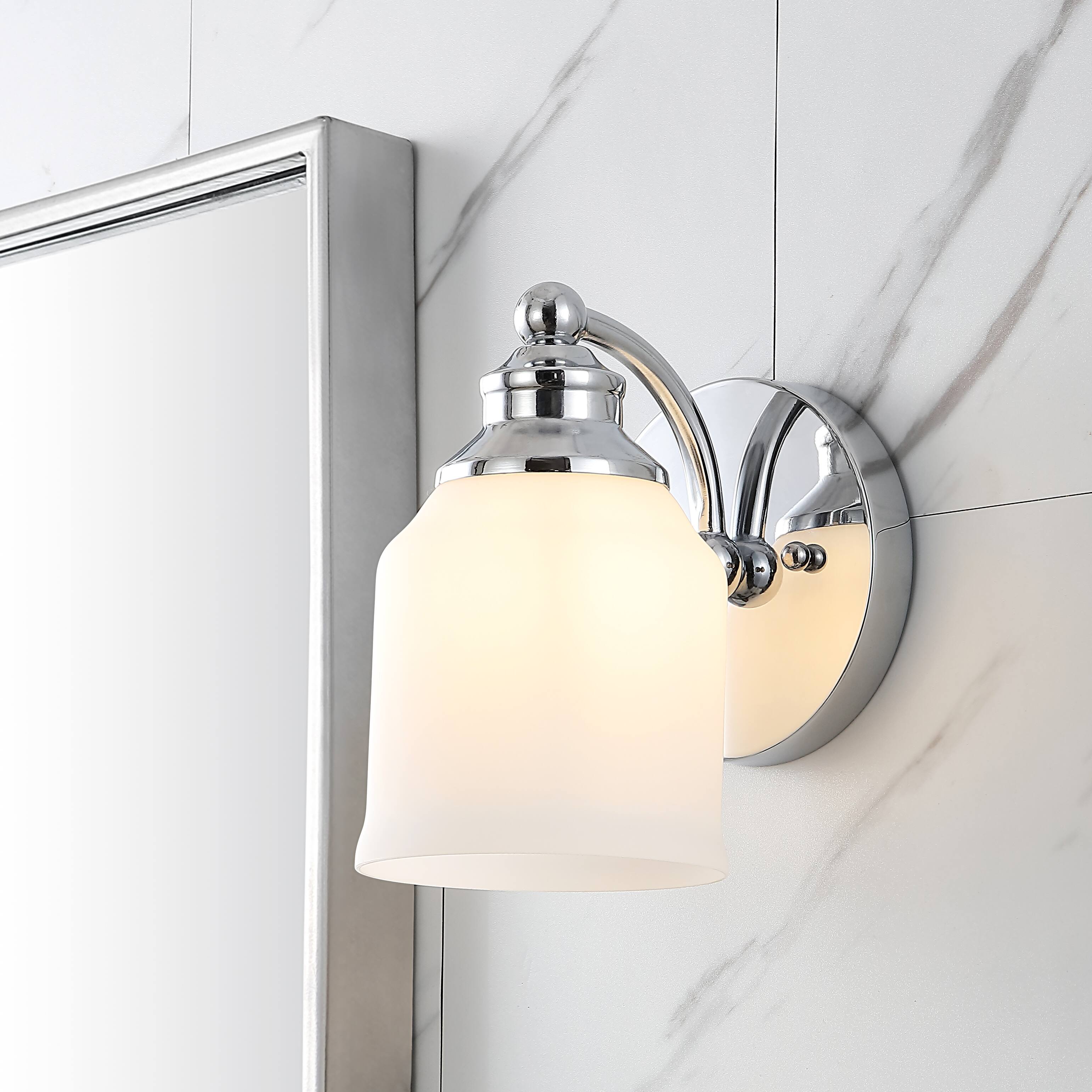 Alt View 1. Jonathan Y - Lydia 5.13" 1-Light Farmhouse Cottage Metal LED Vanity Light with Frosted Glass Shade, Chrome - Chrome.