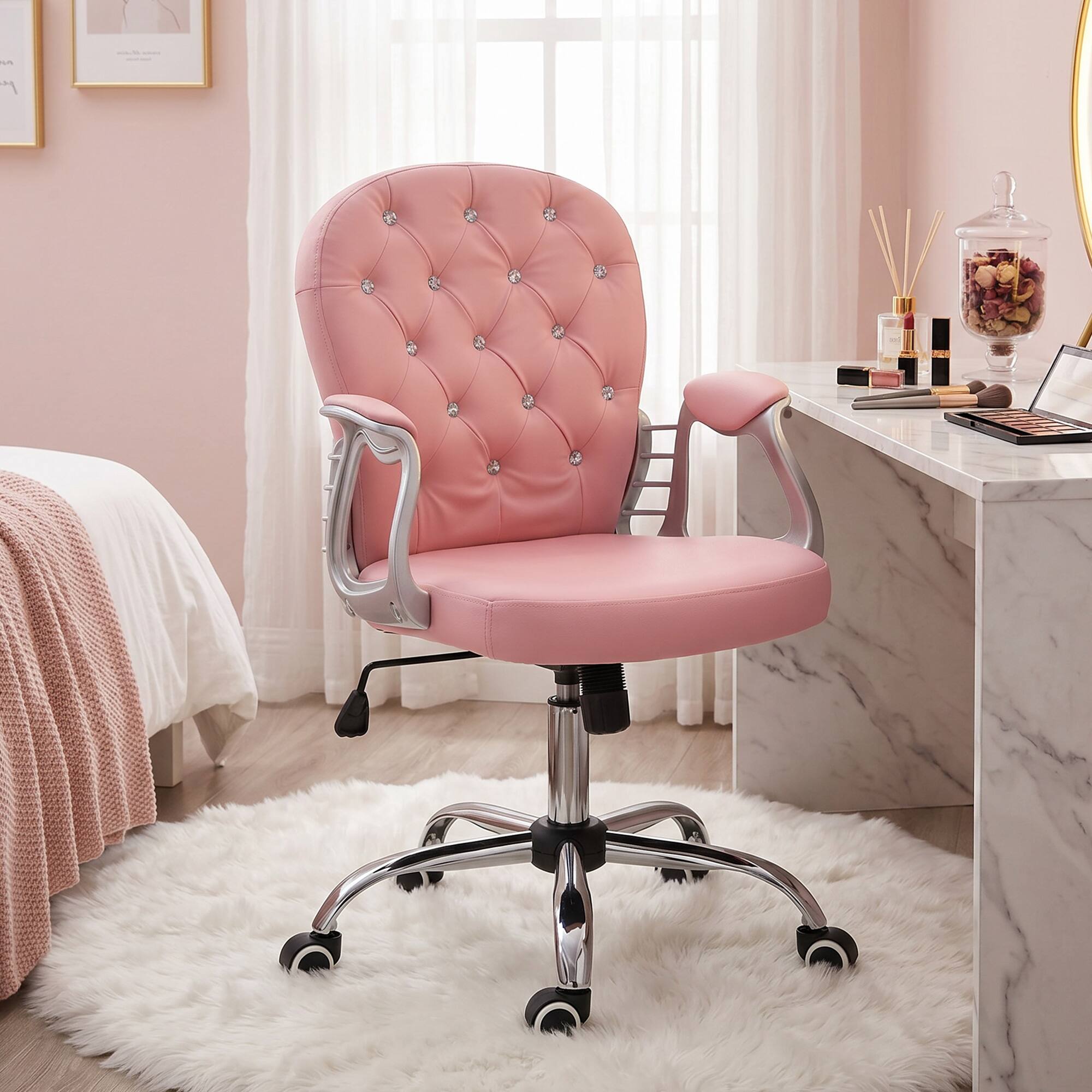 Alt View 1. Vinsetto - Tufted Desk Chair, Home Office Chair with Padded Armrests - Pink.