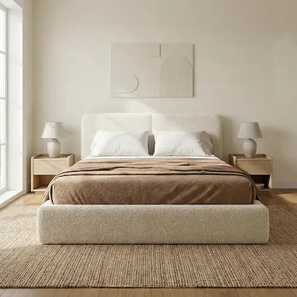 Front. Acanva - Full-Foam Queen Size Platform Bed Frame with Headboard,Modern Cloud Bed Frame Boucle Upholstered Mattress Foundation - White.