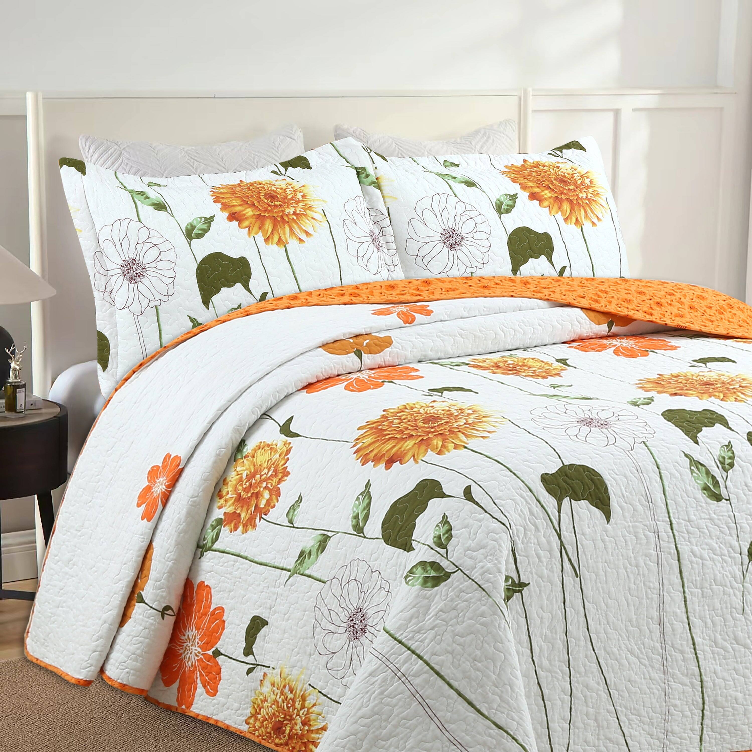 Back. MarCielo - Marcielo 3 Piece 100% Cotton Printed Floral Quilt Set Lightweight Bedspread Set - Yellow floral.