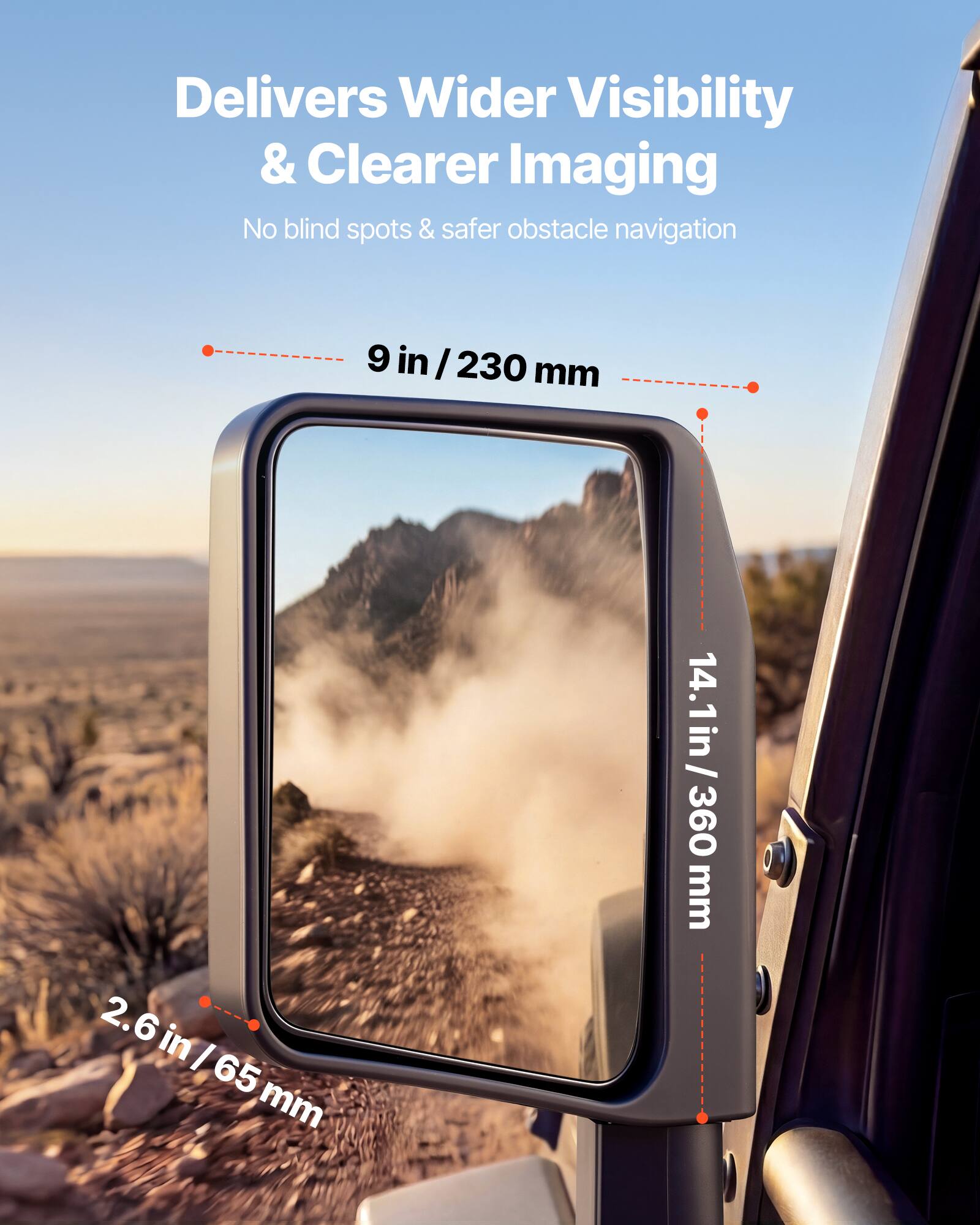 Delivers Wider Visibility & Clearer Imaging  
No blind spots & safer obstacle navigation  

9 in / 230 mm  
2.6 in / 65 mm  
14.1 in / 360 mm