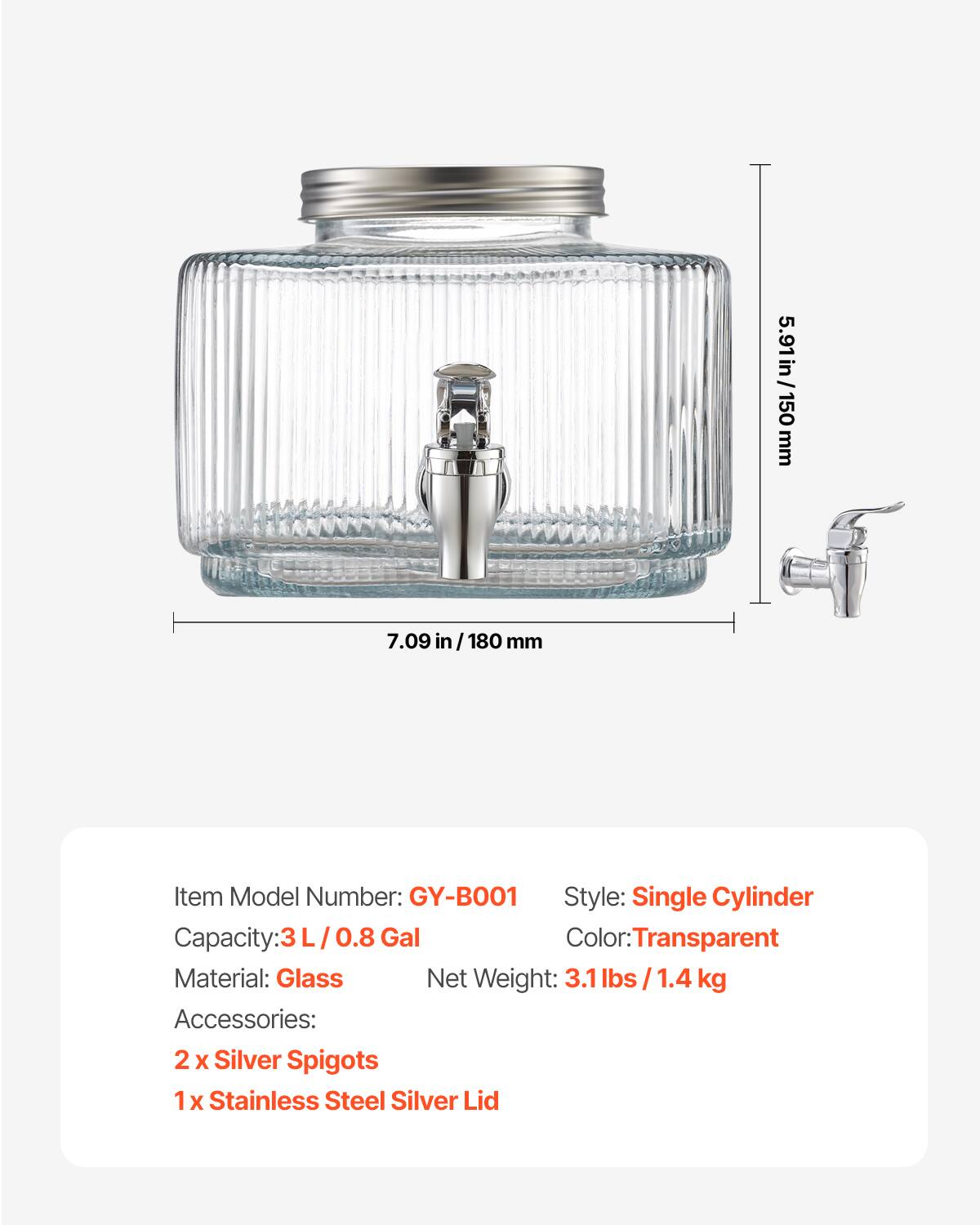 VEVOR - Beverage Dispenser, 0.8 Gallon Drink Dispensers for Parties, Glass Juice Dispenser with No-Drip Spigot and Lid - Transparent - Thumbnail 4