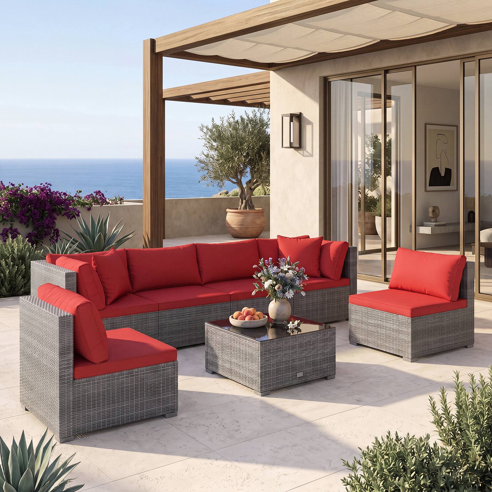 Alt View 1. Costway - 7PCS Patio Rattan Furniture Set Sectional Sofa Garden Cushion - Red.