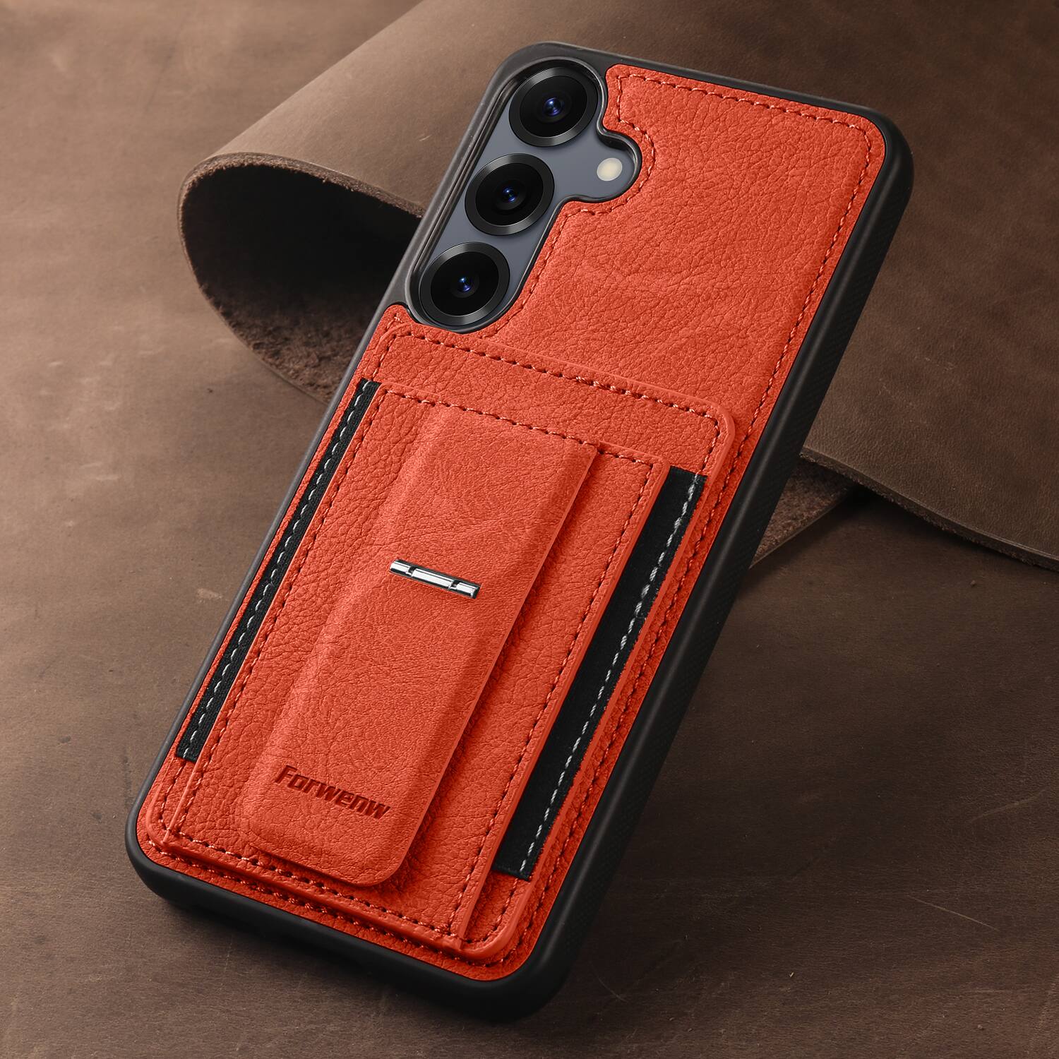 Back. Dteck - Slim Card Holder Case for Samsung Galaxy S24, Shockproof Wallet Protective Cover with Kickstand - Orange.