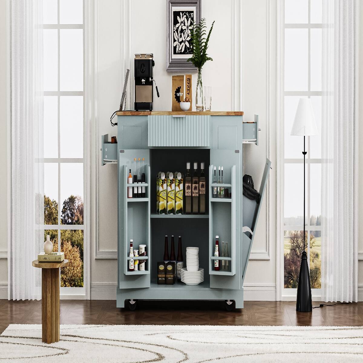 Back. Loheer - Loheer Kitchen Island with Trash Can Storage, Rubber Wood Top, Grey Blue - Grey Blue.