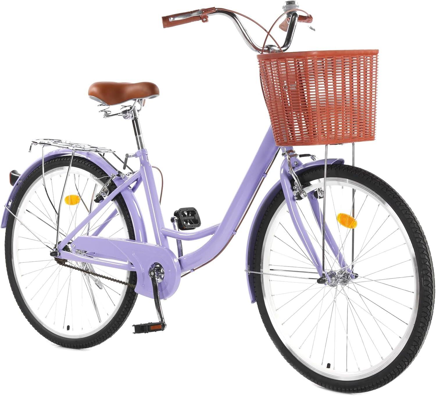 Front. GARVEE - 26" Women's Beach Cruiser Bike - Step-Through 1-Speed with Basket & Adjustable Seat Comfort Commuter Bicycle - Purple.