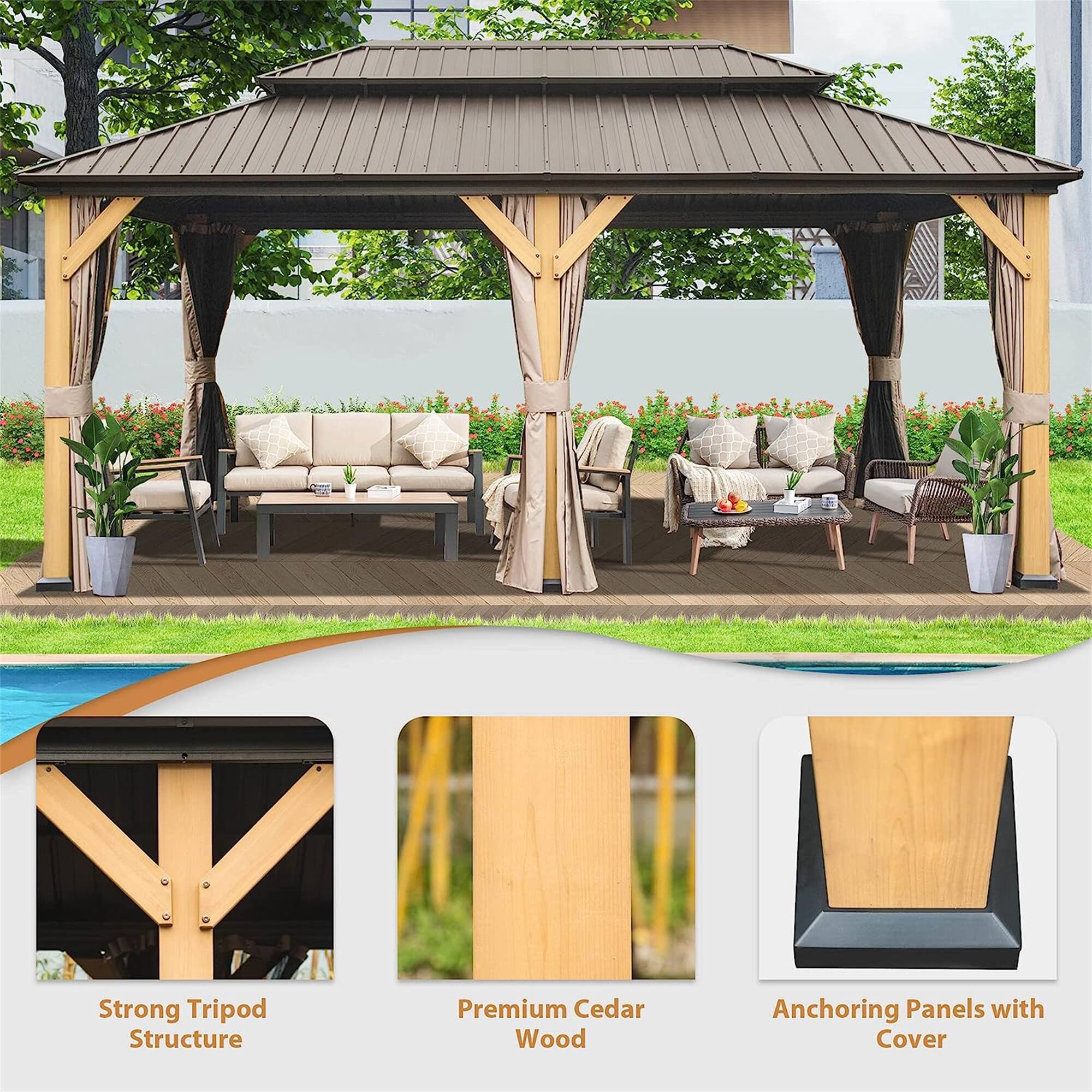 Strong Tripod Structure  
Premium Cedar Wood  
Anchoring Panels with Cover
