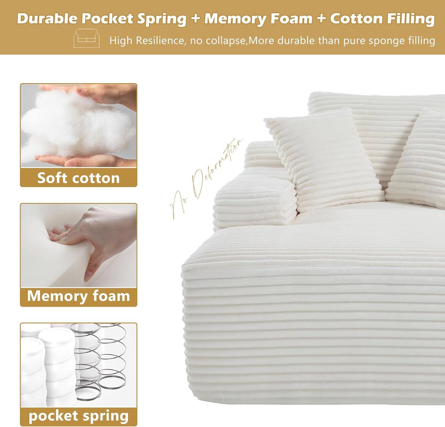Durable Pocket Spring + Memory Foam + Cotton Filling

High Resilience, no collapse, More durable than pure sponge filling

Soft cotton

Memory foam

pocket spring