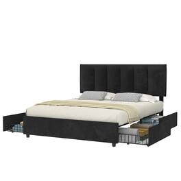 Vecelo - Full Upholstered Bed Frame with 4 Storage Drawers, Adjustable Velvet Headboard, No Box Spring Needed, Metal Platform - Black