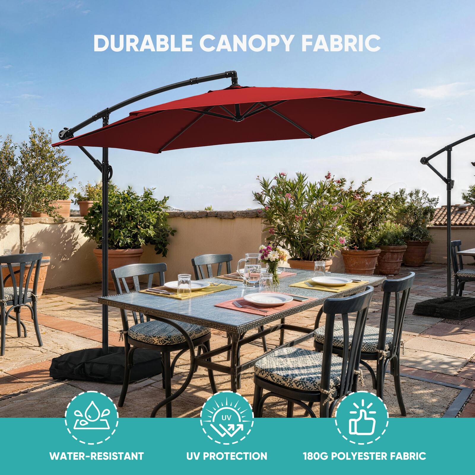 DURABLE CANOPY FABRIC

UV PROTECTION
WATER-RESISTANT
180G POLYESTER FABRIC