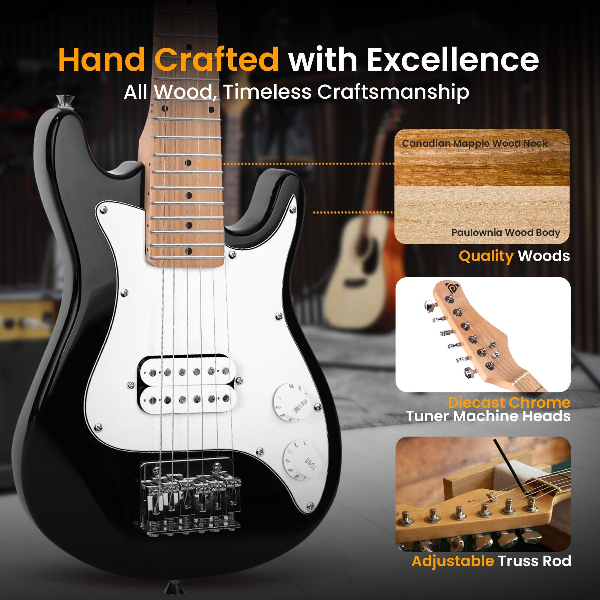 Hand Crafted with Excellence  
All Wood, Timeless Craftsmanship  

Canadian Maple Wood Neck  
Paulownia Wood Body  
Quality Woods  

Diecast Chrome Tuner Machine Heads  

Adjustable Truss Rod