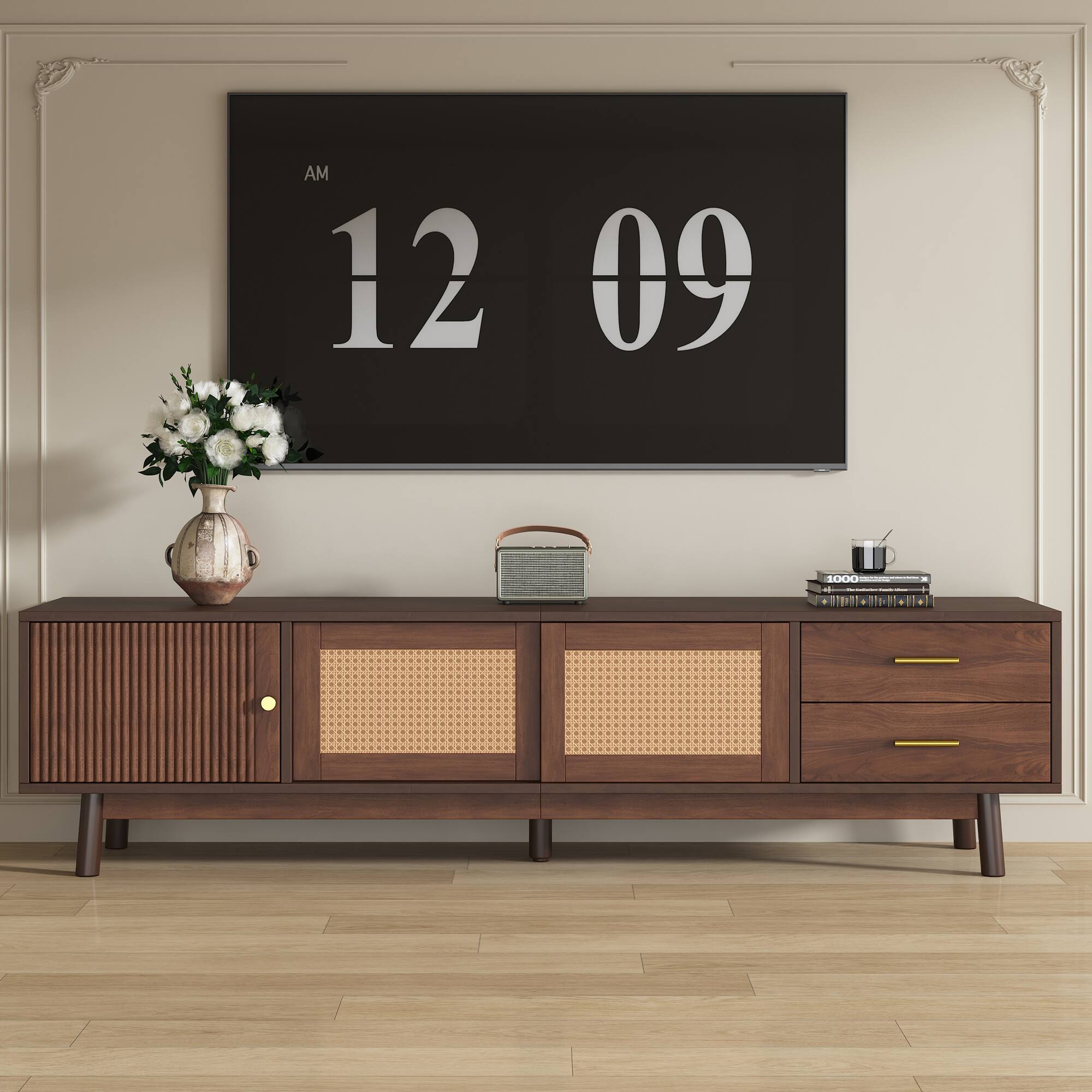 Front. Spaco - Spaco Modern TV Stand for 80" TVs with Sliding Doors and Drawers, TV Table with Storage for Living Room, Bedroom - Dark Brown.