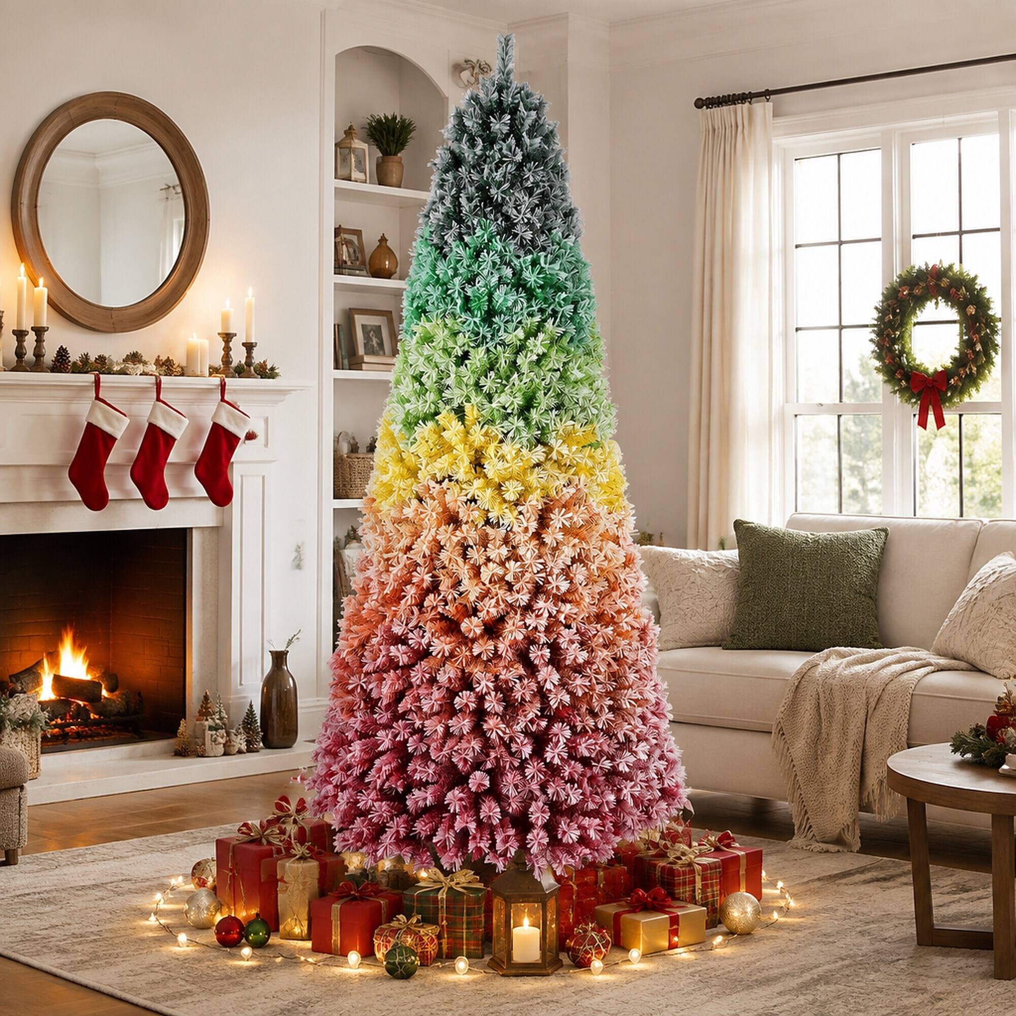 Angle. RYHNUYNE - 6Ft Rainbow Gradient Flocked PVC Christmas Tree, 1326 Tips Colorful Full-Bodied Pine Snowy Finish Hinged Design - Colorful.