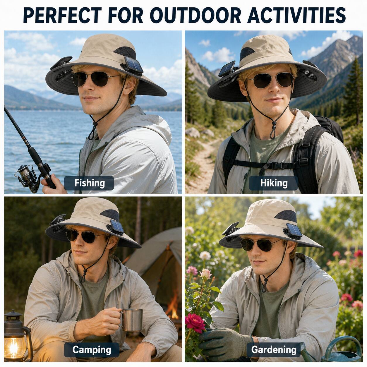PERFECT FOR OUTDOOR ACTIVITIES  
Fishing  
Hiking  
Camping  
Gardening