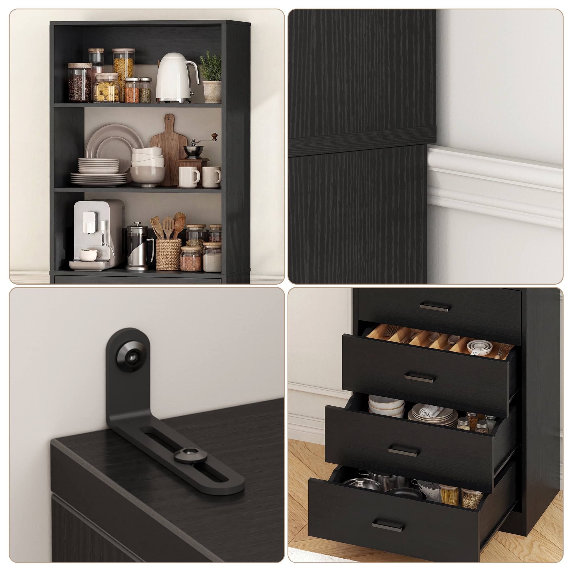 Left. Aheaplus - 80'' Tall Kitchen Pantry Storage Unit with Drawers and Shelves, 42.6'' Wide Storage Cabinet for Kitchen, 2 Packs - Black.