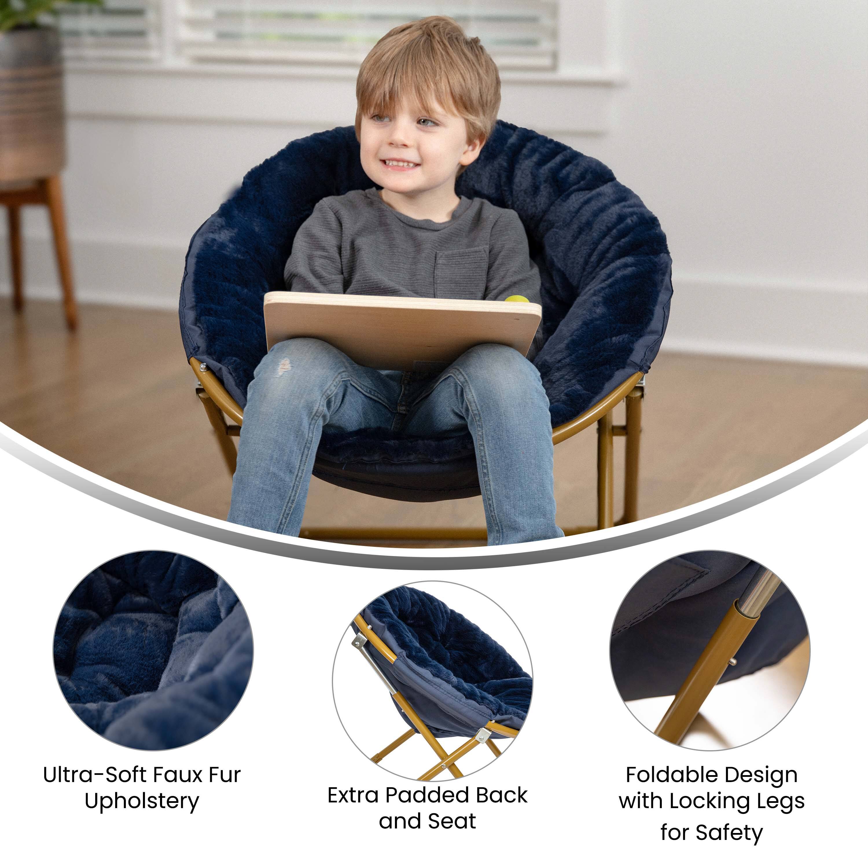 Ultra-Soft Faux Fur Upholstery  
Extra Padded Back and Seat  
Foldable Design with Locking Legs for Safety