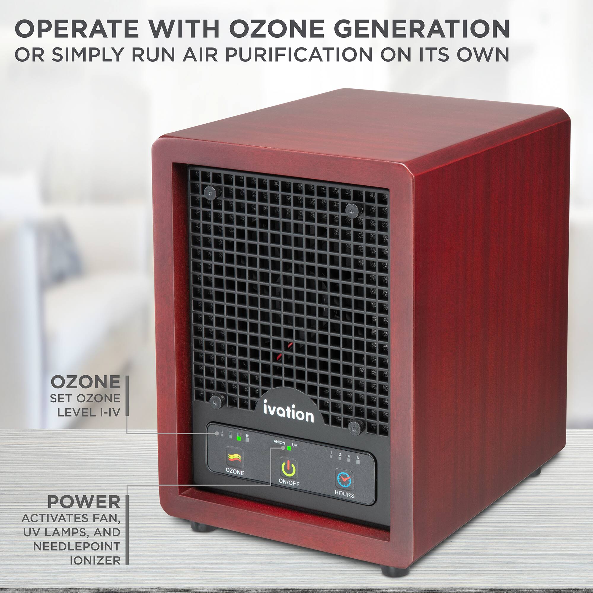 OPERATE WITH OZONE GENERATION OR SIMPLY RUN AIR PURIFICATION ON ITS OWN. OZONE SET OZONE LEVEL I-IV. POWER ACTIVATES FAN, UV LAMPS, AND NEEDLEPOINT IONIZER.