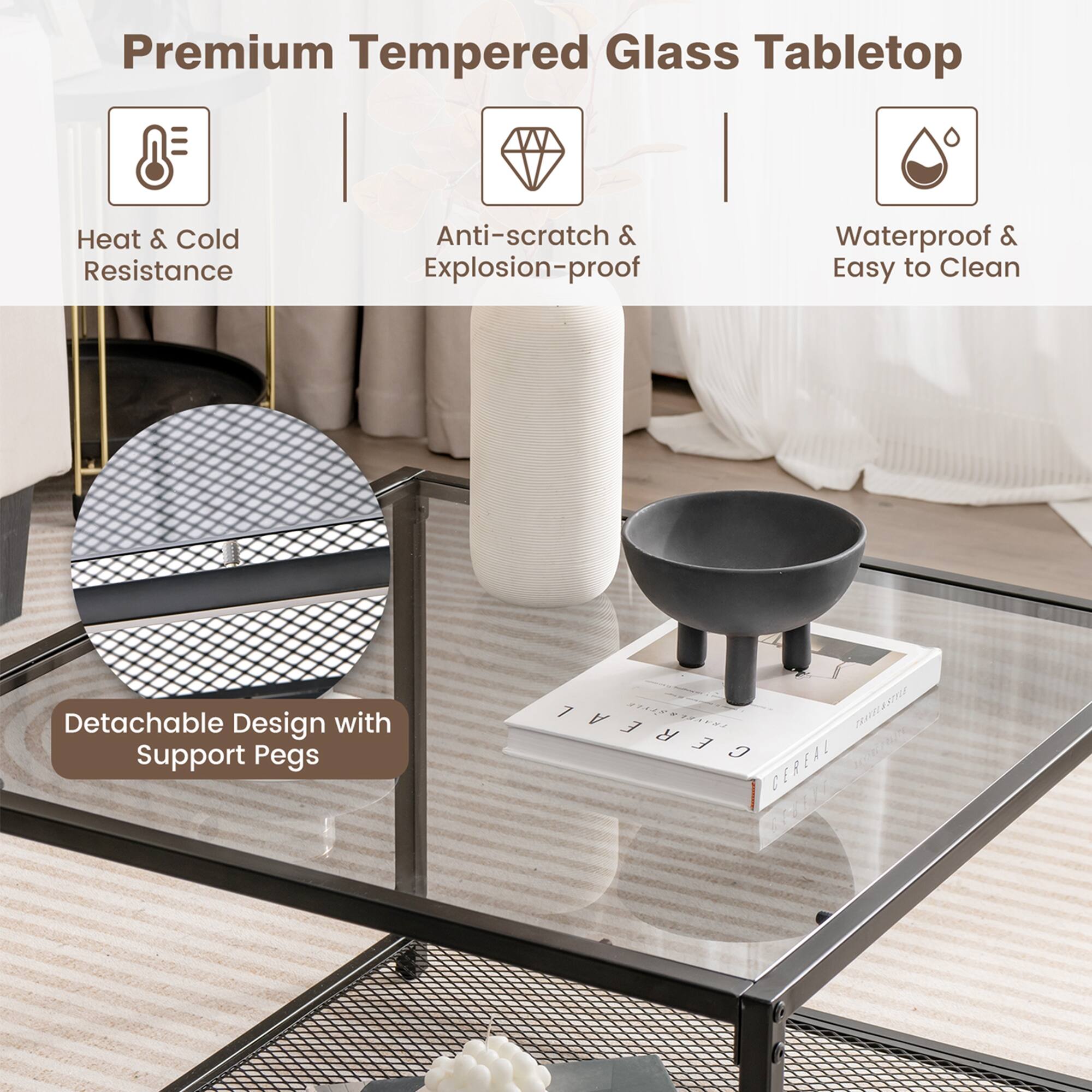 Premium Tempered Glass Tabletop Heat & Cold Resistance Anti-scratch & Explosion-proof Waterproof & Easy to Clean Detachable Design with Support Pegs