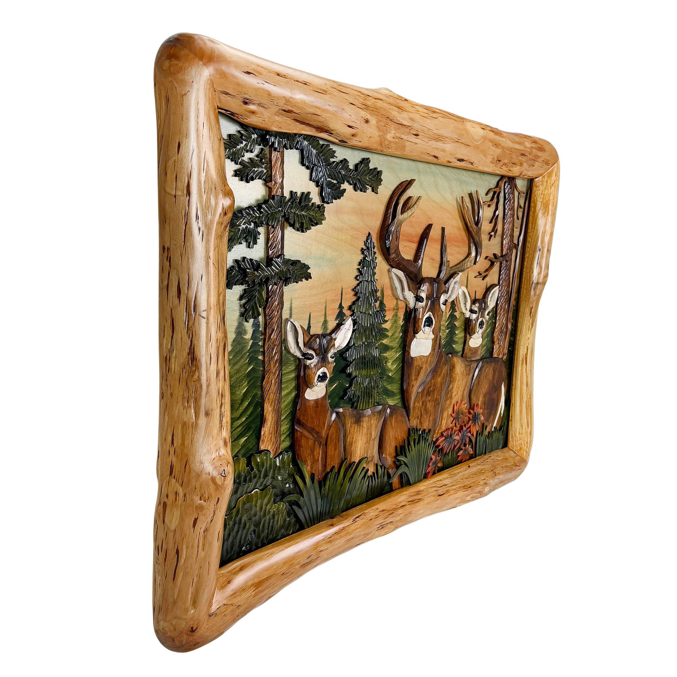 Alt View 1. Zeckos - Deer in Woods Intarsia Wood Wall Sculpture 36x28 Rustic Cabin Lodge Decor - Brown.