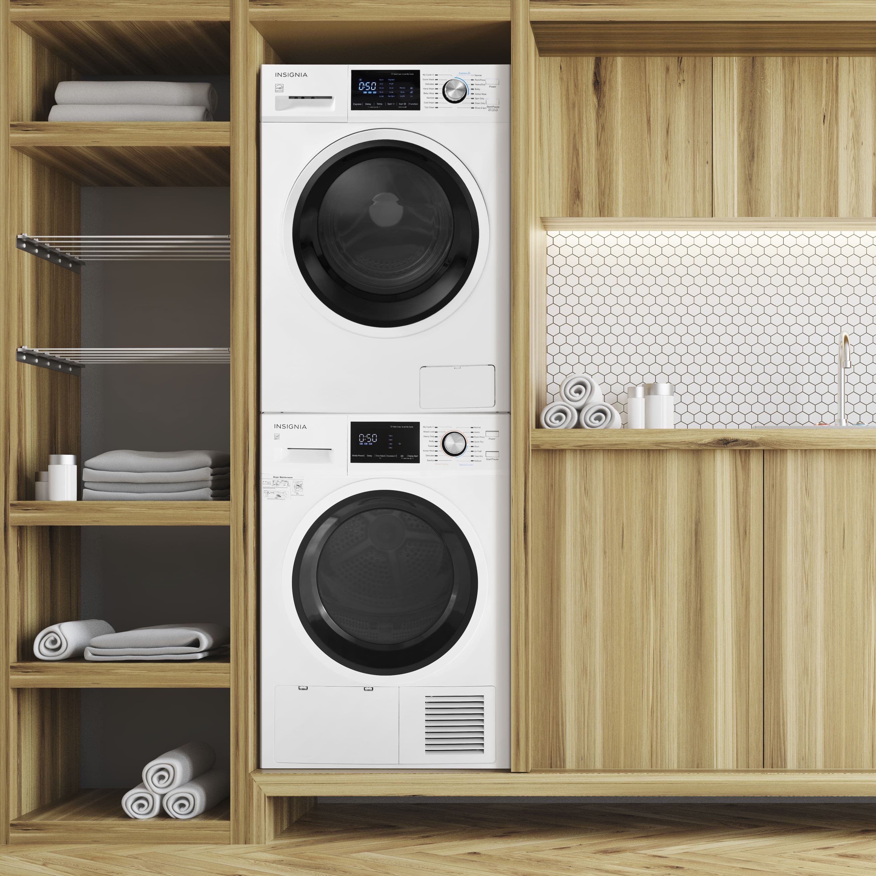 The text on the image reads "NSIGNIA 050 I - - I I | -- - - - - INSIGNIA OSO 050." This text is likely a description or model number for the washing machine and dryer in the image.