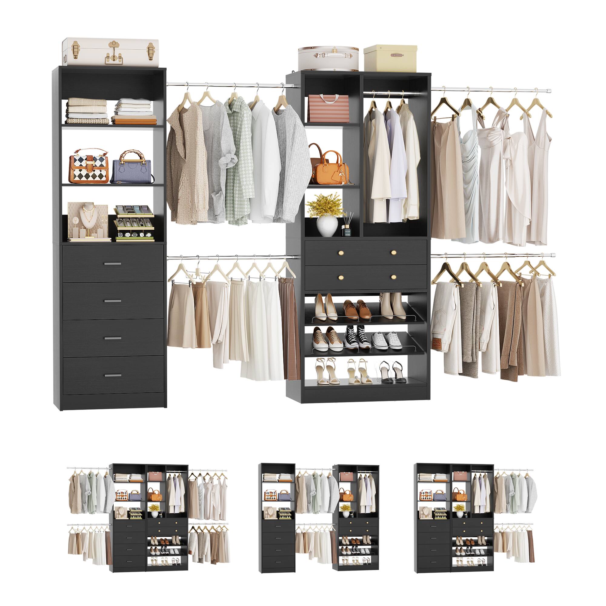 Angle. Aheaplus - 49''-127'' Adjustable Closet Organizer System with 6 Drawers, 4 Hanging Rods, and Shelves - Black.