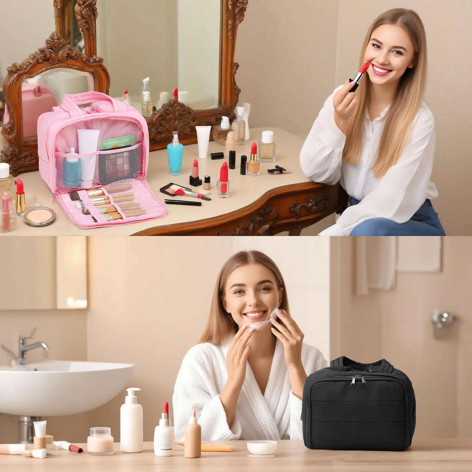 Alt View 1. Unique Bargains - Puffy Makeup Bag, Large Travel Toiletry Bag, Cosmetic Organizer for Women with Handle, Lightweight - Beige.