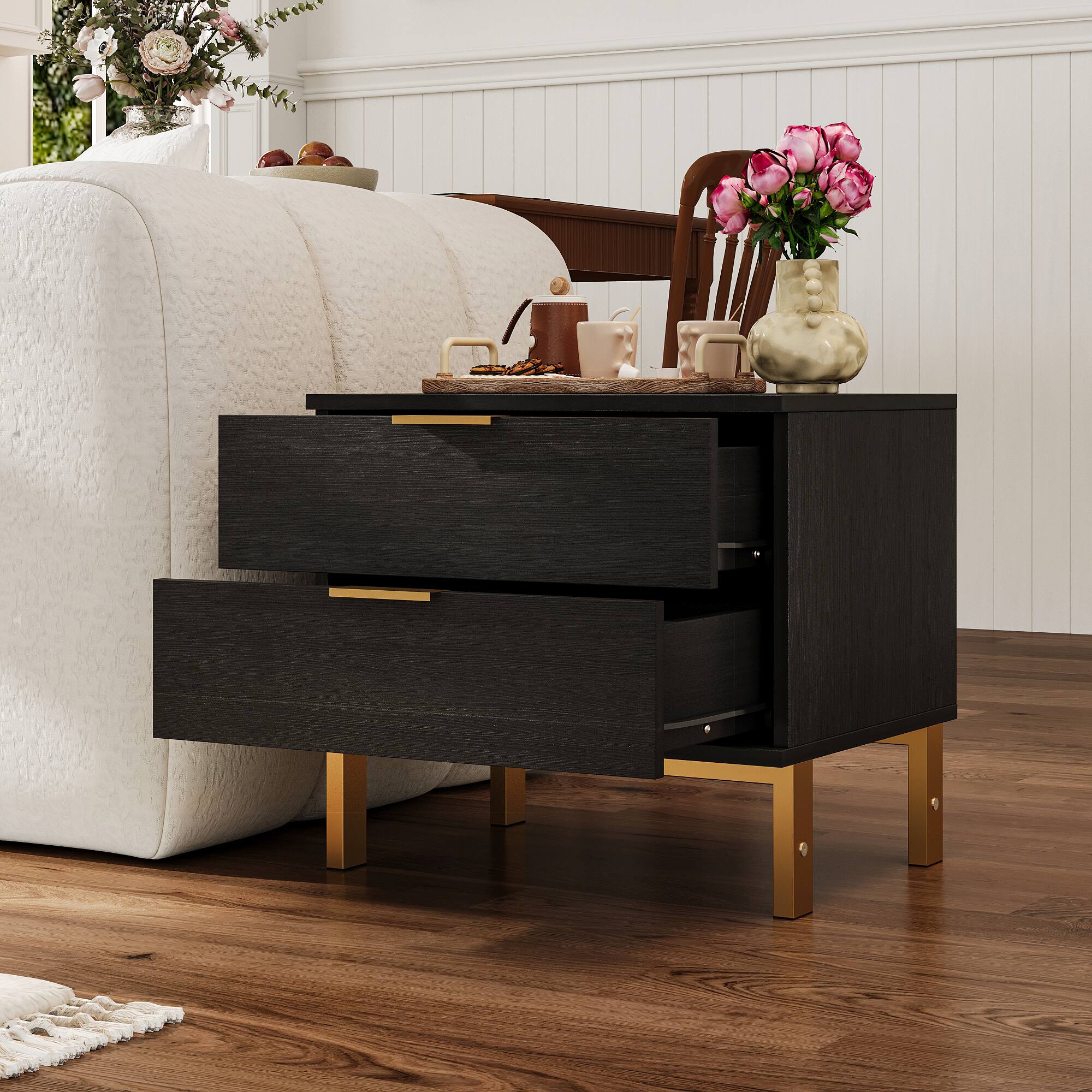 Left. FUFU & GAGA - FUFU&GAGA 2 - Drawer Nightstand with Gold Accents: Stylish Bedside Storage - Black.