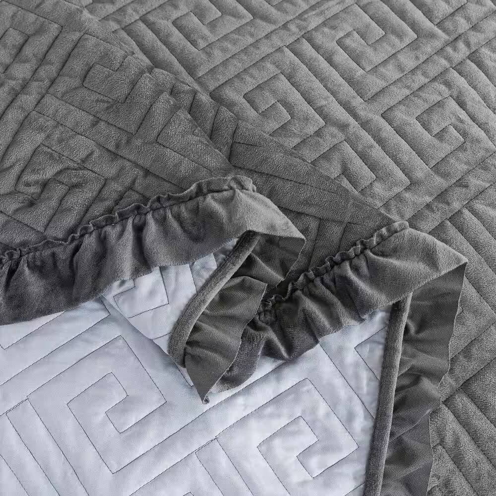 Back. Hivvago - King Gray Charcoal Velvet Microfiber Polyester Reversible 3-Piece Quilt Set - Gray Charcoal.