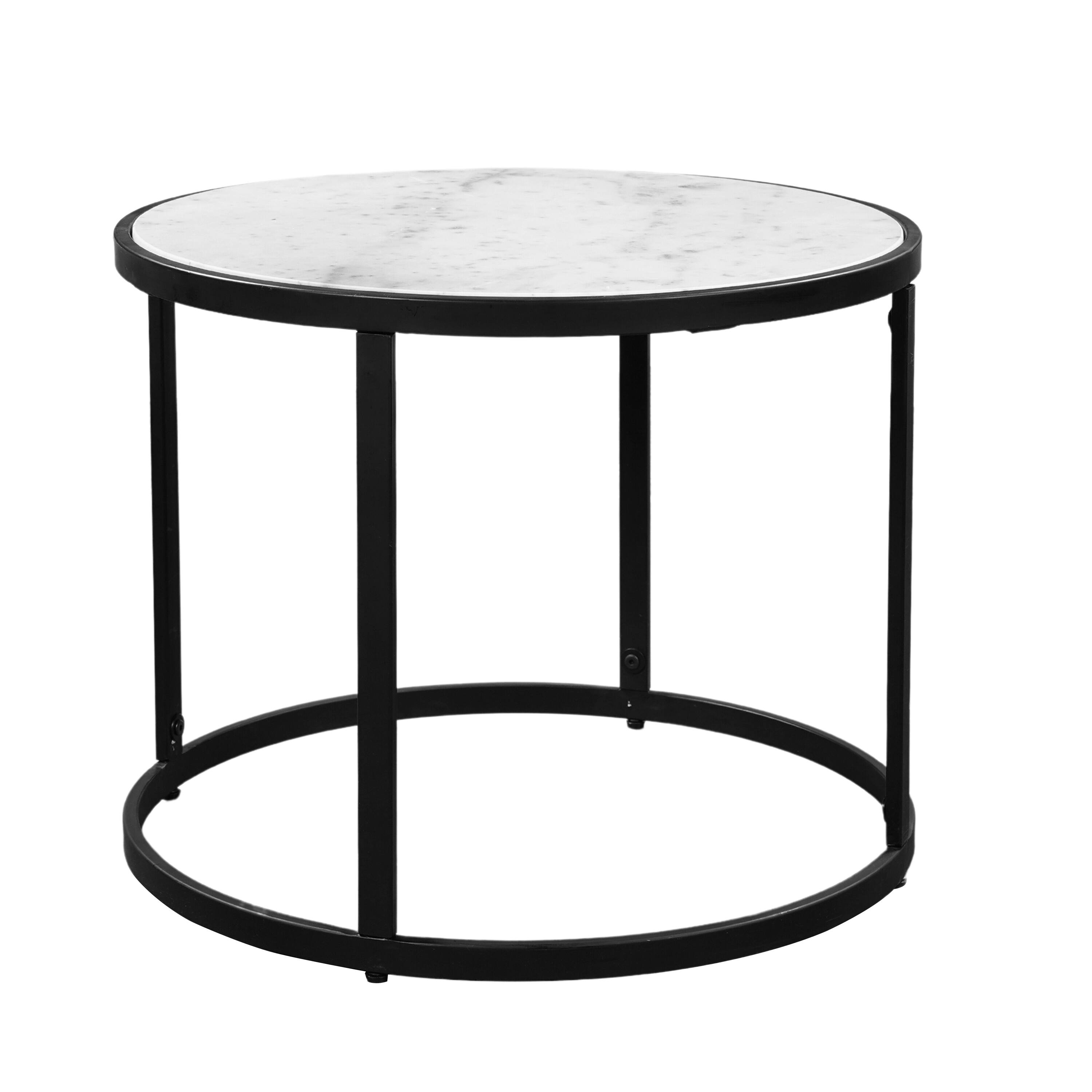 Manhattan Lane - 23 Inch Side End Table, Modern Round White Natural Marble Top, Classic Black Iron Frame - Black, White