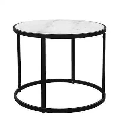 Front. Manhattan Lane - 23 Inch Side End Table, Modern Round White Natural Marble Top, Classic Black Iron Frame - Black, White.