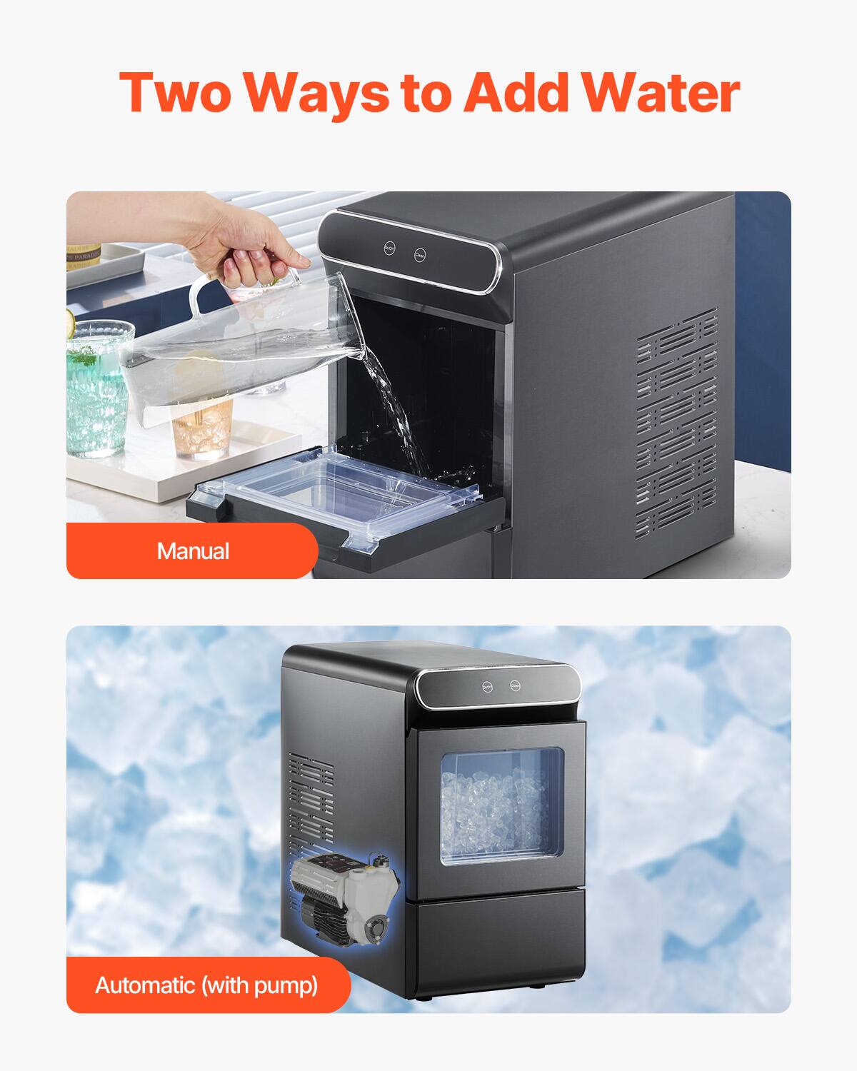 Two Ways to Add Water

Manual

Automatic (with pump)